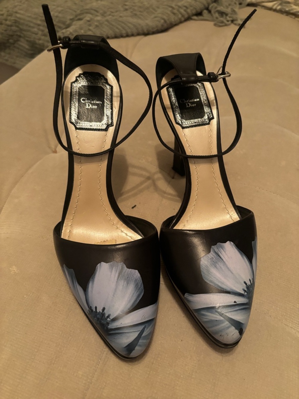 Dior Black Leather Pointed Heels with Blue Floral Toe